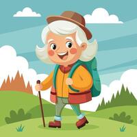 A cheerful elderly hiker explores a vibrant mountain landscape on a sunny day, enjoying nature with a walking stick and backpack vector