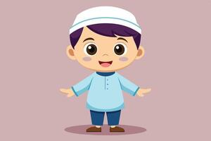 Cheerful young boy in traditional attire smiling and welcoming you, set against a plain pastel backdrop vector