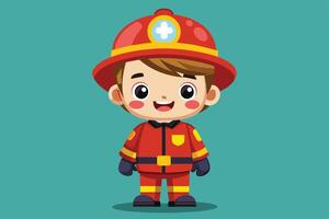 A cheerful young firefighter character in a bright red uniform poses with a friendly smile against a colorful background vector