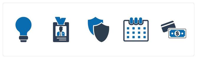 A set of 5 Mix icons as idea bulb, id card, security shield vector