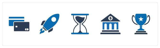 A set of 5 Mix icons as debit card, rocket, hourglass vector