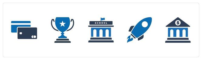 A set of 5 Mix icons as debit card, trophy, school building vector