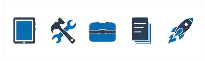 A set of 5 Mix icons as tablet, hand tool, business bag vector
