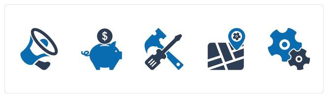 A set of 5 Mix icons as bullhorn, piggy bank, repair tool vector