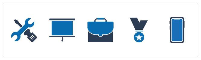A set of 5 Mix icons as repair tool, projector screen, portfolio vector