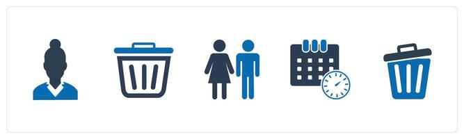 A set of 5 Mix icons as lady with bun, trash, man woman vector