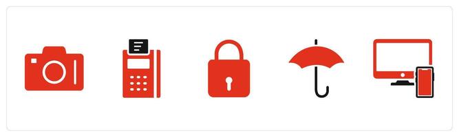 A set of 5 Business icons as dslr, card swipe machine, lock vector