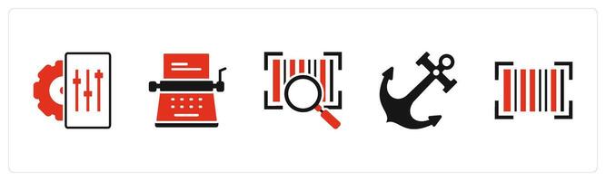 A set of 5 Business icons as configuration, typewriter, search bar code vector