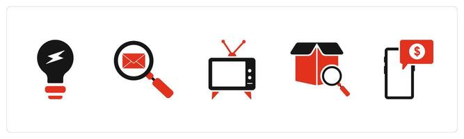 A set of 5 Business icons as idea bulb, search mail, tv vector