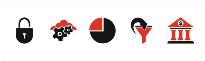 A set of 5 Business icons as open lock, cloud settings, pie chart vector
