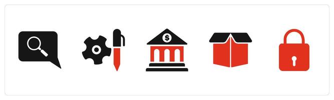 A set of 5 Business icons as search message, edit settings, financial institution vector