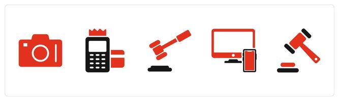 A set of 5 Business icons as dslr, card swipe machine, law vector