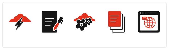 A set of 5 Business icons as cloud lightning, writing, cloud settings, duplicate copy vector