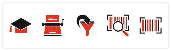 A set of 5 Business icons as graduation cap, typewriter, filter vector