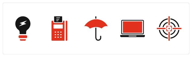 A set of 5 Business icons as idea bulb, card swipe machine, umbrella vector