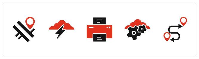 A set of 5 Business icons as road map, cloud lightning, printer vector