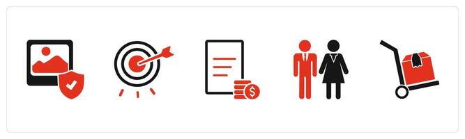 A set of 5 Business icons as gallery security, target dartboard, invoice vector