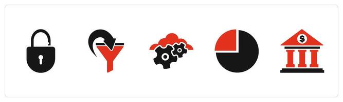A set of 5 Business icons as open lock, filter, cloud settings vector