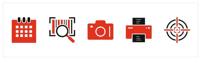 A set of 5 Business icons as calendar, search bar code, dslr vector