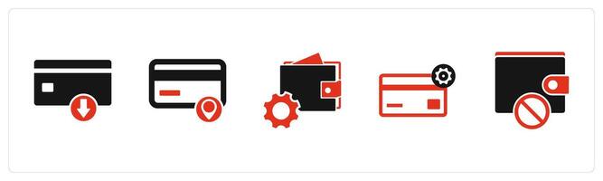 A set of 5 Business icon as download card, card location, wallet settings vector