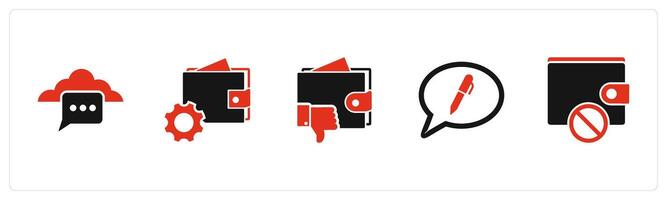A set of 5 Business icons as cloud message, wallet settings, dislike wallet vector