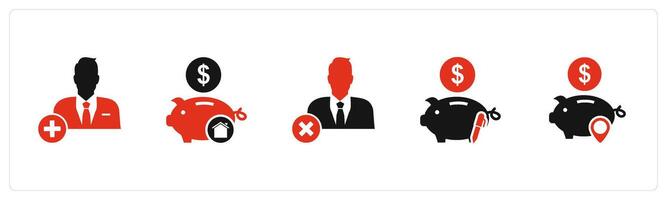 A set of 5 business icons as add user, bank savings, wrong user vector