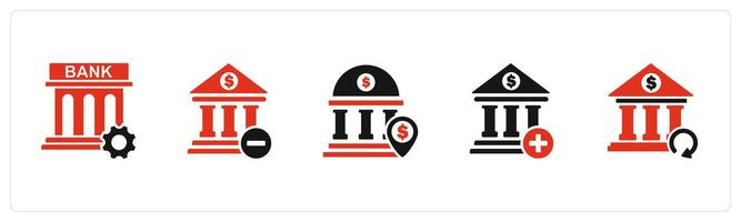 A set of 5 business icons as bank renovate, remove bank, bank location vector
