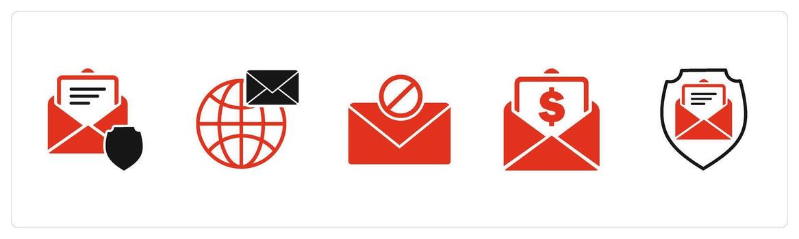 A set of 5 business icons as message security, global message, forbidden chat vector