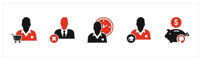 A set of 5 business icons as store owner, wrong user, time management vector