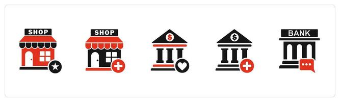 A set of 5 business icons as favorite shopping, add store, favorite bank vector
