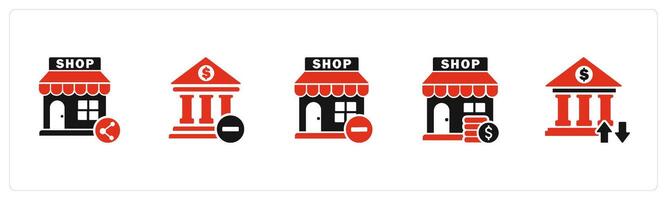 A set of 5 business icons as share store, remove bank, remove store vector