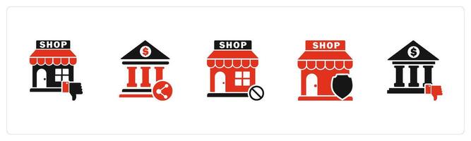 A set of 5 business icons as dislike store, bank share, prohibited shopping vector