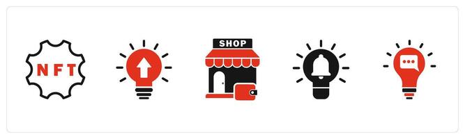 A set of 5 business icons as nft, innovation, shopping store, idea notification vector