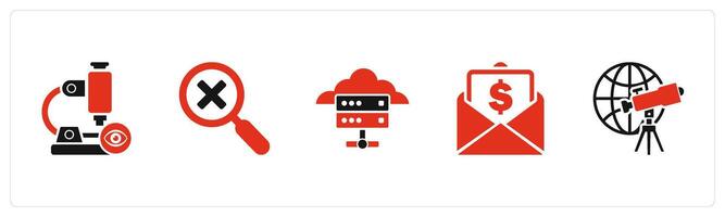 A set of 5 business icons as view microscope, wrong search, cloud server vector