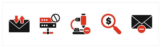 A set of 5 business icons as message, server prohibition, remove microscope vector