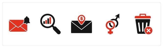 A set of 5 business icons as message notification, search analytics, finance message vector