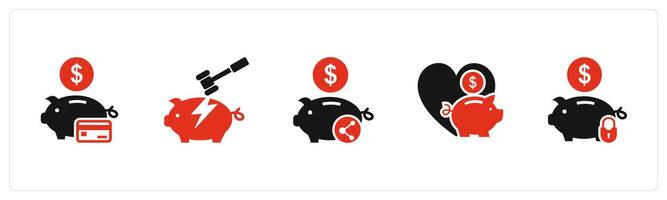 A set of 5 business icons as card savings, savings broken, share savings vector