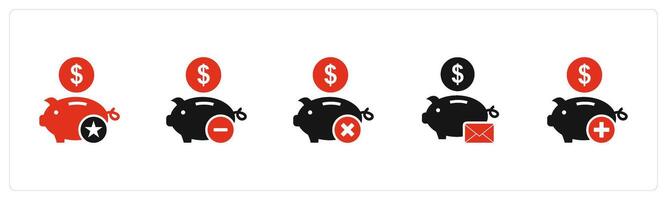 A set of 5 business icons as favorite piggy bank, remove savings, savings message vector
