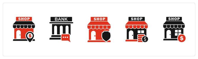 A set of 5 business icons as revenue store, bank message, store security vector