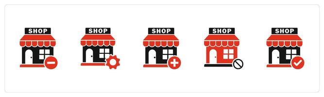 A set of 5 business icons as remove store, store renovation, add store vector