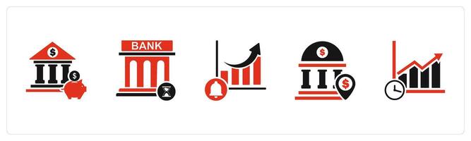A set of 5 business icons as bank savings, bank time, growth notification vector