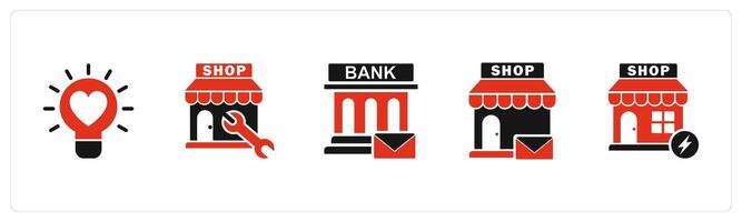 A set of 5 business icons as favorite idea, store repair, bank message vector