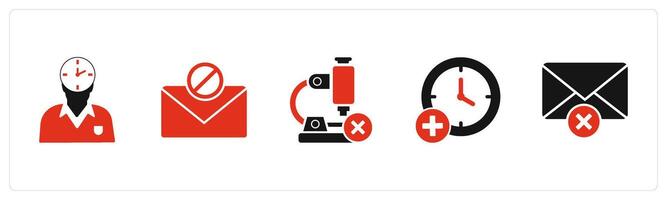 A set of 5 business icons as time management, forbidden chat, remove microscope vector