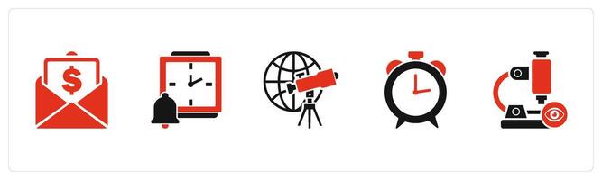 A set of 5 business icons as increment letter, time notification, telescope vector