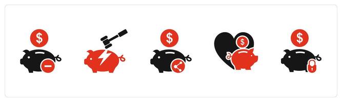 A set of 5 business icons as remove savings, savings broken, share savings vector
