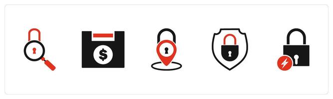 A set of 5 business icons as lock search, financial lock, location security vector