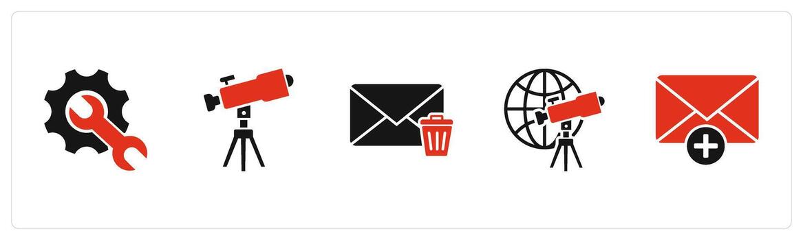 A set of 5 business icons as settings, telescope, remove message vector
