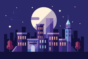 A vibrant city skyline illuminated under a full moon in a deep night sky with scattered stars and colorful buildings vector