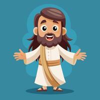 A cheerful character dressed in a white robe and sandals stands with open arms against a blue background, inviting a joyful interaction vector