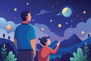 A father and child admire the night sky filled with stars and planets in a serene landscape under a clear horizon vector